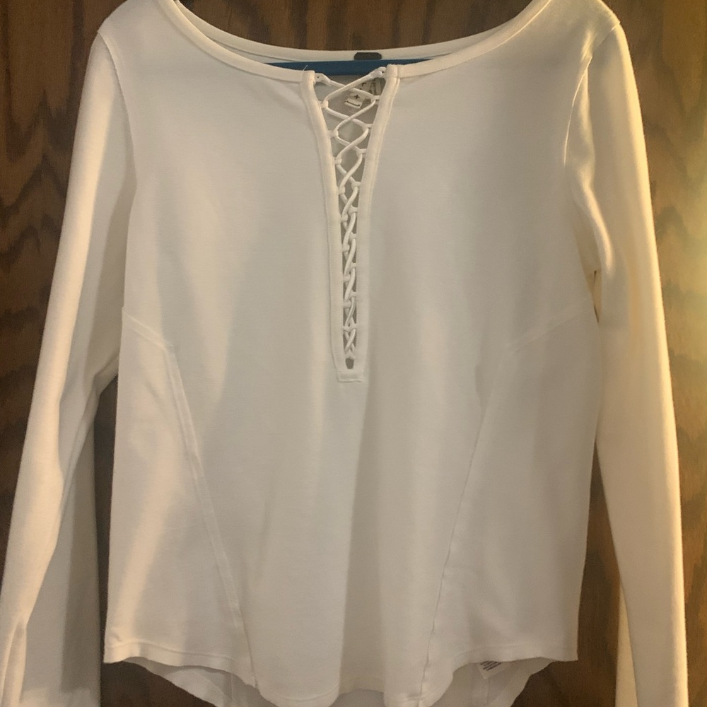 Free People Long Sleeve Shirt Top Lace Up Neck Large White Like New!